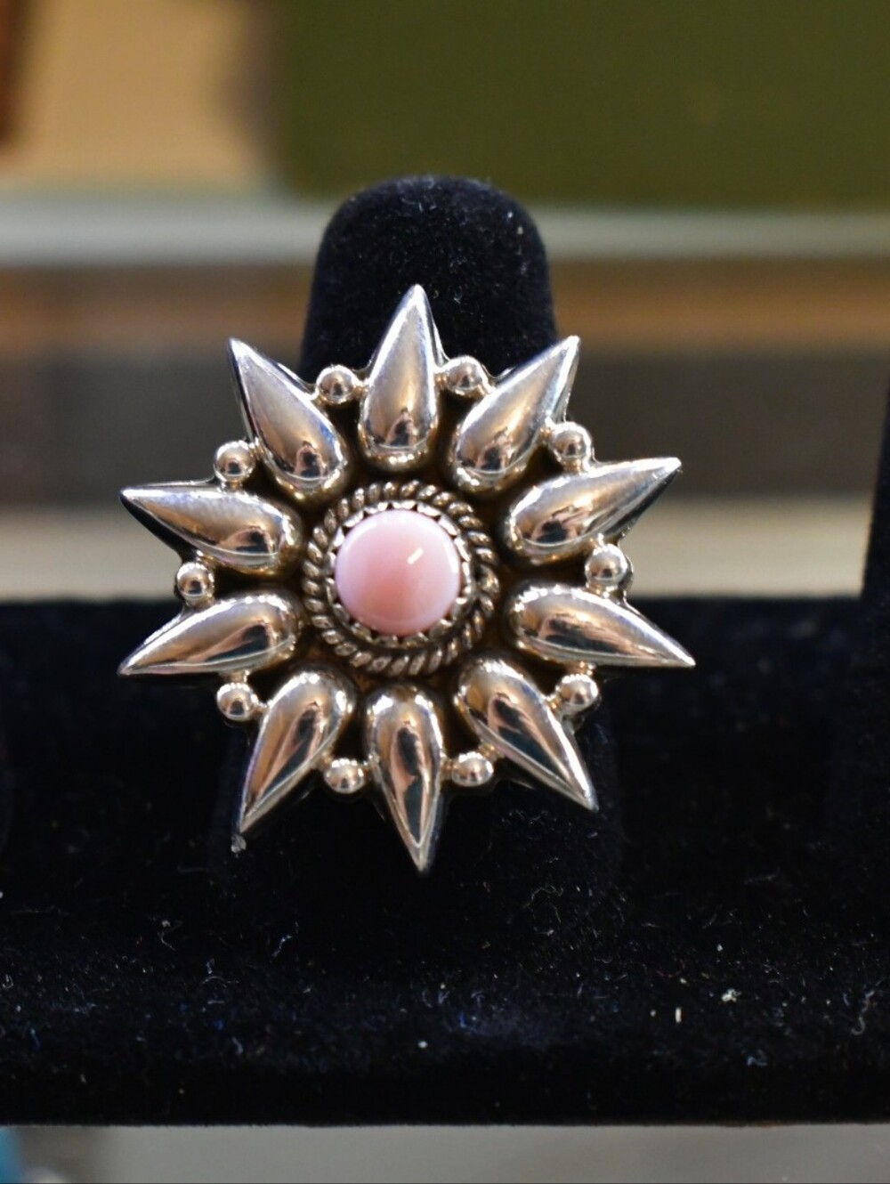 Sterling Silver Sunburst Ring with Pink Center